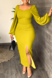 Yellow Fashion Casual Solid Slit Square Collar Long Sleeve Dresses