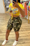 Orange Fashion Casual Camouflage Print Bandage Hollowed Out O Neck Short Sleeve Two Pieces