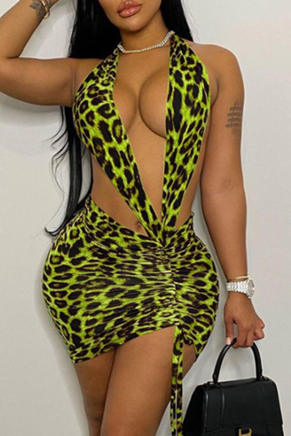 Green Fashion Sexy Leopard Print Backless Halter Sleeveless Dress