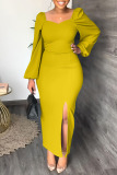 Yellow Fashion Casual Solid Slit Square Collar Long Sleeve Dresses