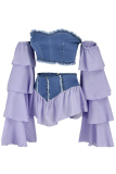 Purple Fashion Sexy Patchwork Backless Off the Shoulder Long Sleeve Two Pieces
