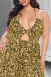 Grey Fashion Print Hollowed Out Halter Plus Size Jumpsuits