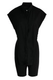Black Sexy Street Solid Patchwork Buckle Asymmetrical Turndown Collar Sleeveless Two Pieces
