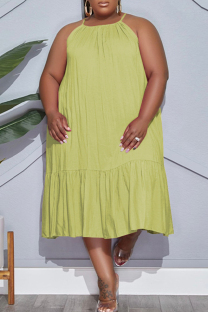 Green Fashion Casual Plus Size Solid Bandage Split Joint O Neck Sleeveless Dress