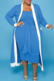 Blue Casual Solid Bandage Patchwork U Neck Vest Dress Plus Size Two Pieces