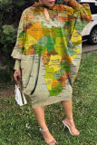 Green Fashion Casual Print Hollowed Out Half A Turtleneck Long Sleeve Dresses