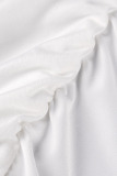 White Elegant Solid Patchwork Flounce Fold Oblique Collar Dresses