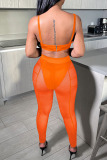 Orange Fashion Sexy Solid Patchwork See-through Backless Spaghetti Strap Sleeveless Two Pieces