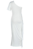 White Elegant Solid Patchwork Flounce Fold Oblique Collar Dresses