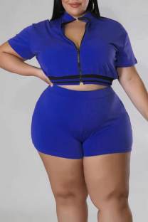 Blue Casual Solid Patchwork Zipper Plus Size Two Pieces