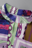 Purple Casual Print Patchwork Buckle Turndown Collar A Line Dresses