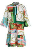 Green Casual Print Patchwork Buckle Turndown Collar A Line Dresses