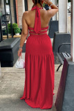 Red Sexy Solid Bandage Patchwork Backless Halter Straight Dresses