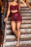 Gold Sexy Solid Two Piece Suits Sequin Patchwork tassel Straight Sleeveless Two-Piece Short Se