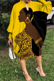 Blue Yellow Fashion Casual Print Hollowed Out Half A Turtleneck Long Sleeve Dresses