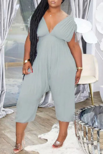 Grey Fashion Casual Solid Patchwork V Neck Plus Size Jumpsuits