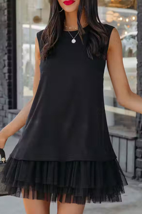 Black Casual Solid Patchwork O Neck A Line Dresses