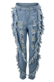 Baby Blue Fashion Casual Solid Ripped Patchwork High Waist Skinny Denim Jeans