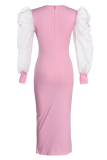 Pink Fashion Casual Solid Patchwork O Neck Long Sleeve Dresses