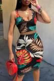 Brownness Sexy Print Patchwork U Neck Sleeveless Two Pieces