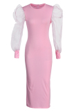 Pink Fashion Casual Solid Patchwork O Neck Long Sleeve Dresses