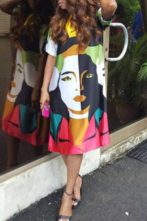 Multicolor Fashion Casual Print Basic O Neck Short Sleeve Dress