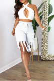 White Casual Solid Tassel Plus Size Jeans