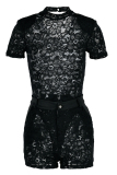 Black Fashion Sexy Solid See-through O Neck Short Sleeve Two Pieces