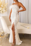 White Sexy Patchwork Feathers Backless Slit Strapless Evening Dress