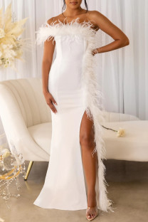 White Sexy Patchwork Feathers Backless Slit Strapless Evening Dress