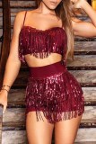 Black Sexy Solid Two Piece Suits Sequin Patchwork tassel Straight Sleeveless Two-Piece Short Se