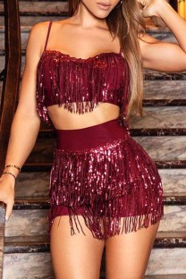 Wine Red Sexy Solid Two Piece Suits Sequin Patchwork tassel Straight Sleeveless Two-Piece Short Se