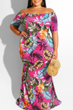Green Casual Print Patchwork Off the Shoulder Straight Plus Size Dresses