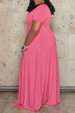 Pink Casual Solid Patchwork V Neck Straight Plus Size Dresses