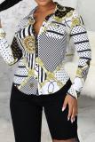 Black Fashion Print Patchwork Turndown Collar Tops