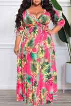 Rose Red Sexy Print Frenulum V Neck Straight Plus Size Dresses