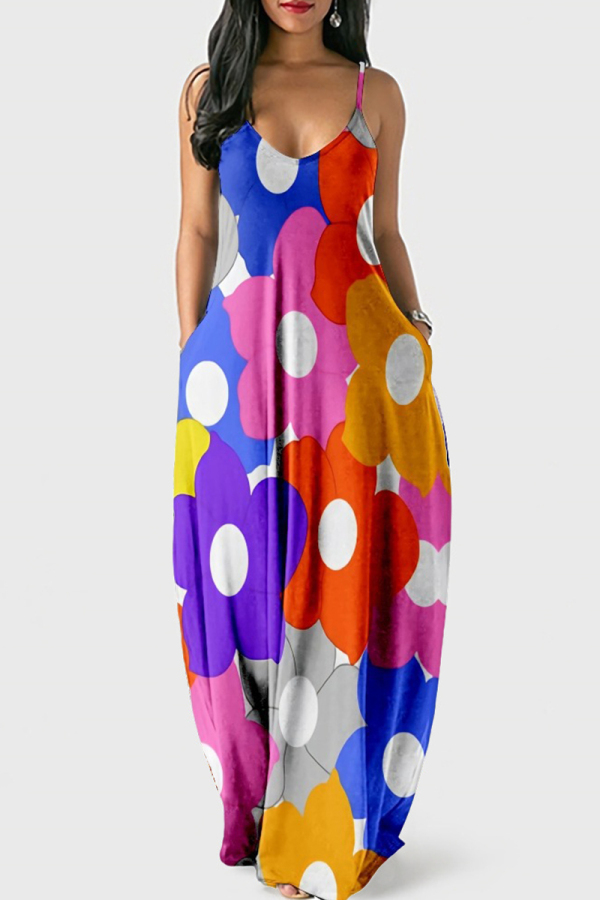 Multicolor Fashion Casual Print Backless Spaghetti Strap Long Dress