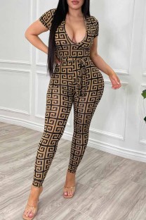 Brown Fashion Casual Print Patchwork V Neck Jumpsuits
