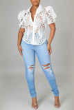 White Fashion Sexy Solid Hollowed Out Patchwork Buckle Turndown Collar Tops