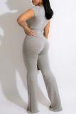 Grey Casual Solid Patchwork V Neck Straight Jumpsuits