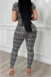 Black And White Fashion Casual Print Patchwork V Neck Jumpsuits