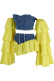 Yellow Fashion Sexy Patchwork Backless Off the Shoulder Long Sleeve Two Pieces