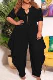 Black Casual Solid Patchwork Zipper Collar Plus Size Jumpsuits