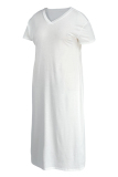 White Fashion Casual Plus Size Solid Pocket V Neck Short Sleeve Dress