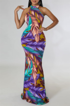 Purple Fashion Sexy Print Hollowed Out O Neck Long Dress Dresses