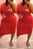 Red Fashion Casual Plus Size Letter Print Basic U Neck Vest Dress