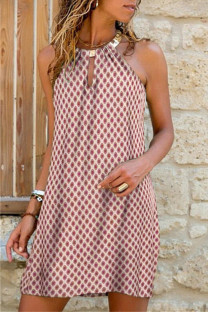 Pink Fashion Casual Print Hollowed Out O Neck Sleeveless Dress