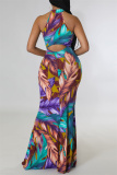Purple Fashion Sexy Print Hollowed Out O Neck Long Dress Dresses