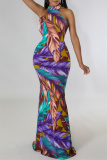 Purple Fashion Sexy Print Hollowed Out O Neck Long Dress Dresses