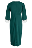 Green Fashion Casual Patchwork Tassel O Neck Irregular Dress